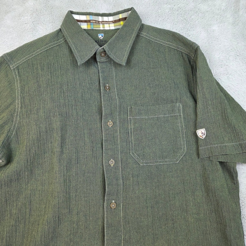 Kuhl Short Sleeve Button Down Shirt Mens M Slub Textured Pocket Olive Green New